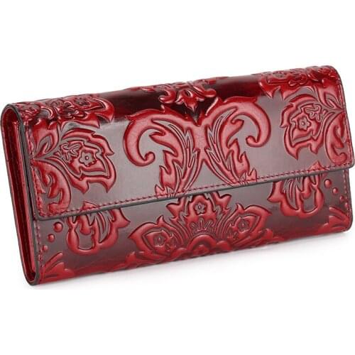 Cowhide Wallet Womens Leather Clutches Vintage Embossed Purses Floral Long Zipper Wallets for Ladies Daily Clutch Purse Bags