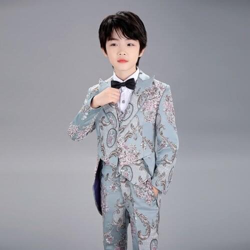 Childrens jacquard satin dovetail three-piece suit magic suit little boy piano conductor show flower girl catwalk dress