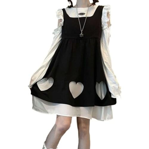 Cute Hollow Heart Sleeveless Dress Girls Harajuku Gothic Kawaii Casual Overalls Princess Women Lolita Black Mini Sweet Dresses