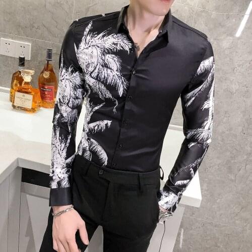 Floral Fashion Autumn Shirt Korean Slim Fit Casual Men Social Shirt Long Sleeve Night Club Luxury Men Flower Shirt Black White
