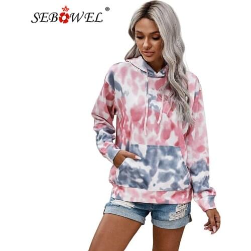 SEBOWEL Fashion Tie Dye Pullover Hoodie Sweatshirts Women Autumn Long Sleeve Multicolour Baggy Cozy Kangaroo Pocket Hooded Tops