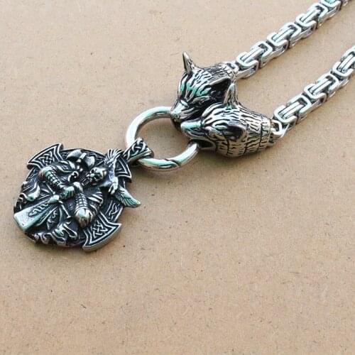 1pcs stainless steel viking wolf head chain with Odin by Helena Rosova pendant norse jewelry viking cross raven necklace