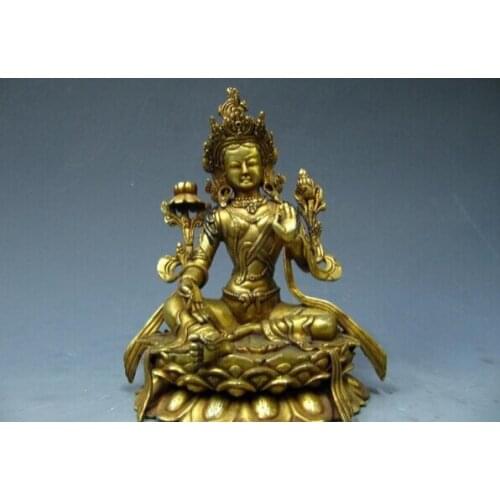 Song voge gem S1509 9"Tibet Pure Bronze 24K Gold Gild Green TaRa Kwan-Yin Bodhisattva Buddha Statue