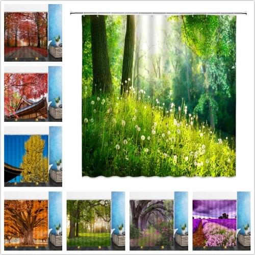 Landscape Shower Curtains Natural Scenery Purple Lavender Flowers Tree Waterproof Bathroom Decor Home Bathtub Polyester Curtain
