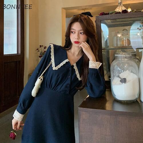 Dresses Women Retro Streetwear Tender Temperament Soft Slim Vestido Feminino Simple Peter Pan Collar Spring Fashionable Ins Chic