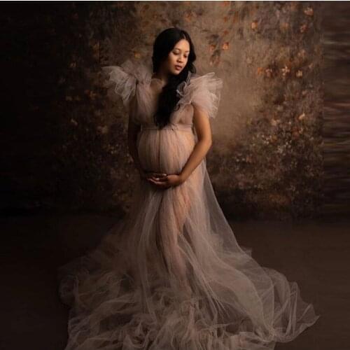 Simple A-line Long Tulle Maternity Dress For Photoshoot or Babyshower Bridal Shower Dresses V-neck Short Sleeves