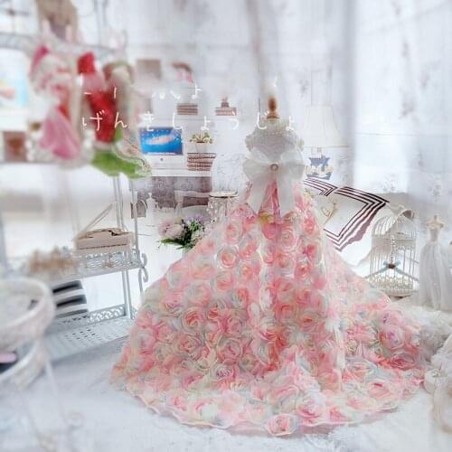Handmade Luxury Dog Wedding Trailing Dress Clothes Pet Apparel 2 Options Romantic Pink Rose Ribbon Bow Gown Poodle Maltese