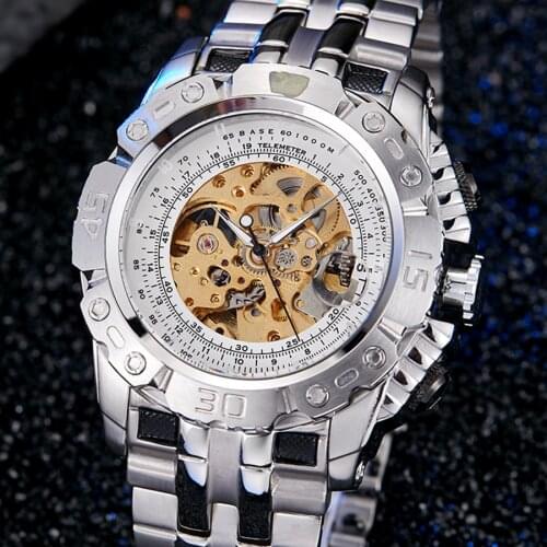 Luxury Silver Gold Automatic Mechanical Watch for Men Skeleton Full Steel Self-wind Wristwatch Clock Big Dial relogio masculino