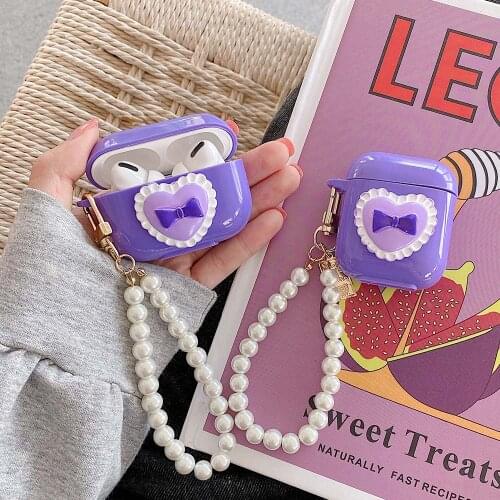 Silicone Heart Bow Earphone Cases for Apple Airpods 1 2 Pro Case with Pearl Lanyard Wristband Keychain Headset Cover Funda Capa