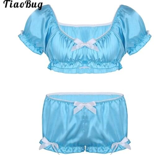 TiaoBug 2Pcs Mens Gay Sissy Lingerie Soft Silky Short Sleeves Crop Top With Bloomers Boxer Underwear Set