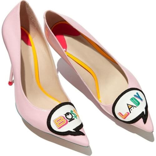 KALMALL Sweet Girls BOSS LADY Embroidery Pumps Spring Summer Women Party Shoes Pointed Toe Patent Leather Black Pink High Heels