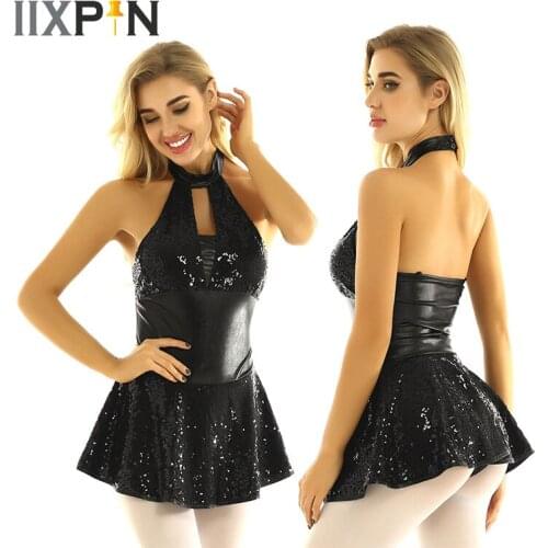 Women Jazz ballet Dress Shiny Sequins Halter Neck Clear Spaghetti Shoulder Straps Low Back Skating Latin Dance Leotard Dress