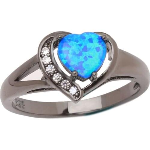 Heart shaped Blue White Opal Ring AAA cubic Zirconia Fashion Jewelry Vintage Black Gun Wedding Rings for Women RB0985