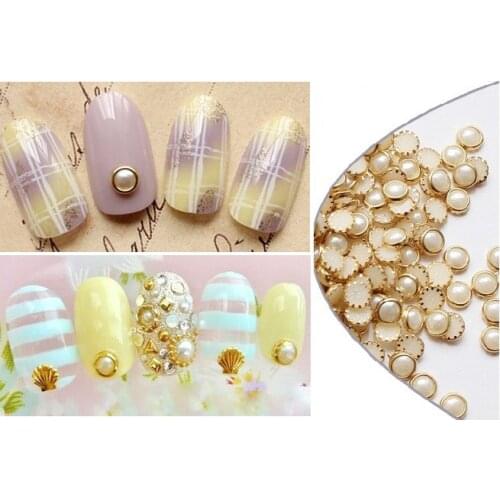 1000PCS 4mm pearl White Pearl Rivet Mini Pearl Gems with Gold 3D Nail Art Flatback Bling Gems Resin Acrylic Flat back,YT&2121201