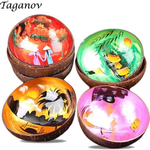 5Pcs / Lot Coconut Shell Bowl Freehand Sketching Colorful Decoration Candy Bowls Food Container Chinese Landscape Painting gifts