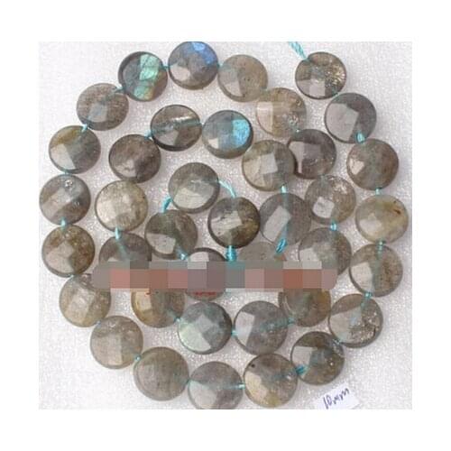 +++819 10mm Natural Faceted Coin Shape Gray Labradorite Loose Beads Strand 15"