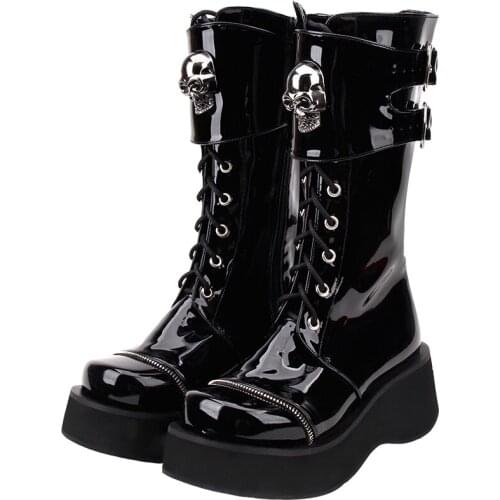 Angelic imprint Japan gothic style Women motorcycle cool punk boots lady lolita shoes woman high heels pumps lace up 33-47 skull