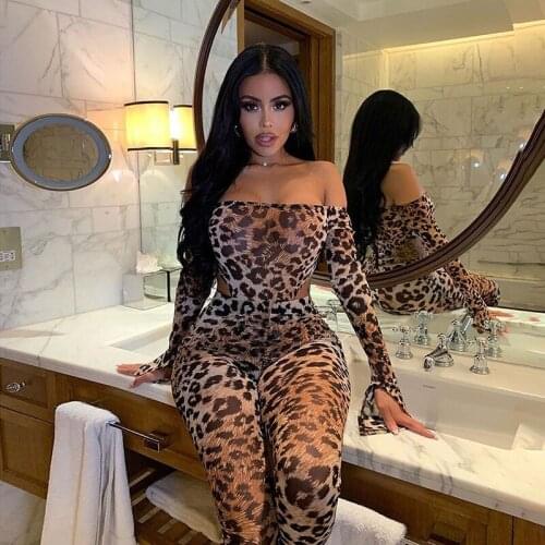 BKLD 2021 Autumn Women Clothing New Sexy Leopard Print Bodysuits High Waist Bodycon Pants Fashion Two Piece Tracksuit Set