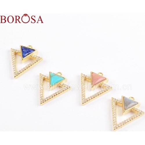 BOROSA 10PCS Micro Pave CZ Gold Color Triangle Faceted Blue Howlite Abalone Shell Jewelry Charm for Earring Making WX1039