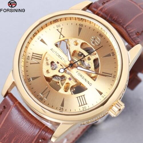 FORSINING Fashion Skeleton Vintage Mens Wrist Watch Luxury Mens Automatic Mechanical Watches Male Leather Self-winding Clock