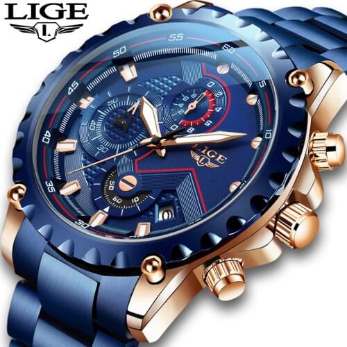 New 2020 LIGE Fashion Blue Stainless Steel Mens Watches Top Brand Luxury Waterproof Quartz Watch Men Date Dial Sport Chronograph