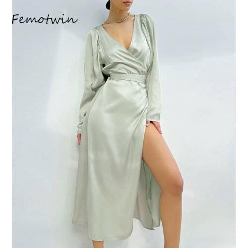 Femotwin Elegant V-Neck Vintage Dress Fashion Long Sleeve High Waist Midi Dress Autumn Puff Lace Up Office Dress Ladies Girl New