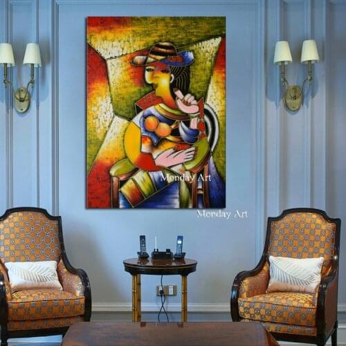Elegant Lady Saxophone Gentlemen Picasso Style Art 100% Hand Painted Figure Canvas Painting Nordic Decor for Living Room Decor