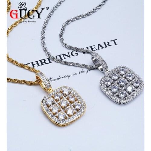 GUCY Hip Hop Shiny Solitaire Square Cluster Pendant Necklace Charms Gold Silver Plated Micro Pave Cubic Zirconia Mens Jewelry