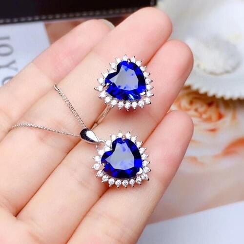 Heart style blue Sapphire ring and neckalce jewelry set real 925 silver natural gem date love party gift birthstone engagement
