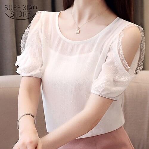 Summer New Korean Fashion Short Sleeve Lace Chiffon Blouse Women Solid Color Round Collar Elegant Lady Tops White Blouse 9033 50