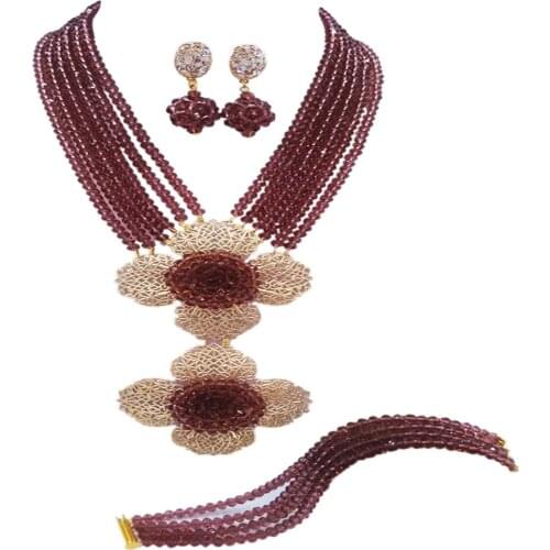 Fashion Dark Purple Multi Strands Statement Necklace Nigerian Wedding African Beads Jewelry Set Crystal 5-LDH24