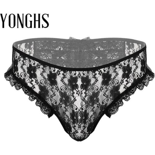 Mens Sissy Underwear Panties Sheer Floral Lace Lingerie Underpants Low Rise with Elastic Waistband Crotchless G-string Briefs
