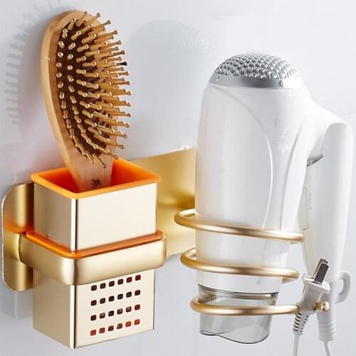Wall-mounted Hair Dryer Holder Space Aluminum Hair Dryer Stand Bathroom Toilet Shelf Storage Rack Save Space With Plug Hooks