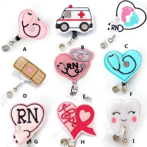 10pcs/lot 9kinds Cheap Felt handmade knitting new design Stethoscope medical RN nurse Retractable id badge holder reel clip