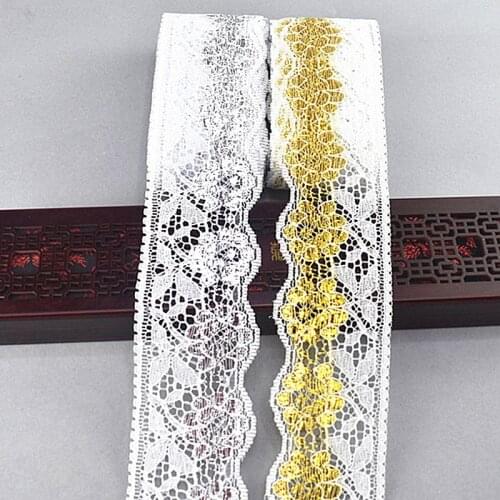 New High Quality 10yards Gold Silver Lace Ribbon Tape 64mm Width Embroidered Sewing Decoration Clothing White Lace Trim Fabric