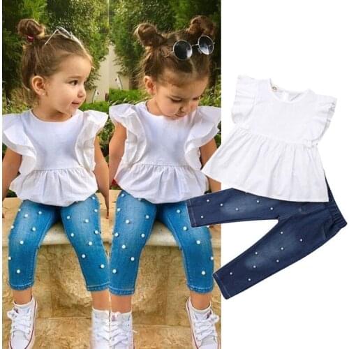 Toddler Baby Girls clothes round neck Ruffle sleeveless solid pullover T-shirts Denim pocket Geometry Pants 2pc Kids Outfits