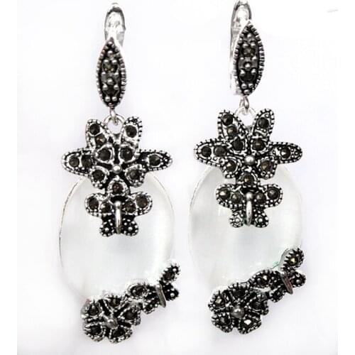 Wholesale good Shining Natural White Opal Marcasite Flower 925 Earrings 11/2" Fine Womans jewelry Genuine