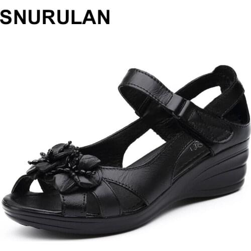 SNURULAN Summer New Retro Flower Genuine Leather Shoes Sandals Women Fish Mouth Breathable Women Sandals Non-slip Wedge Shoes
