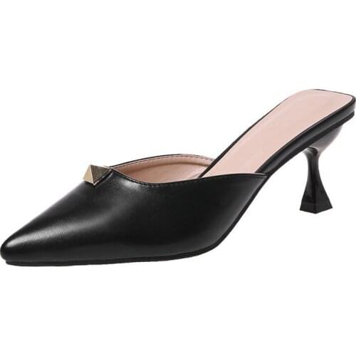 High Quality Women Heels Heel Height 7cm Personality Rivets Design Office Solid Color Muller Shoes Pointed Slippers Women Shoes