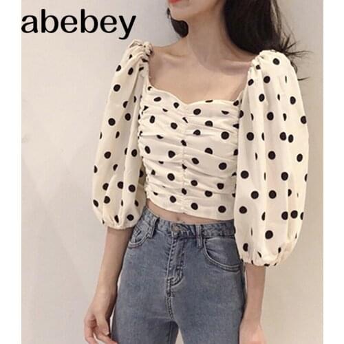 Women polka dots short style blouse slash neck back elastic lantern sleeve shirts side zipper sweet crop top blusas DA248