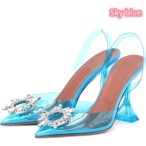 Pure color pointed toe ladies sandals 2021 new rhinestone high heels word with wine glass heel womens shoes