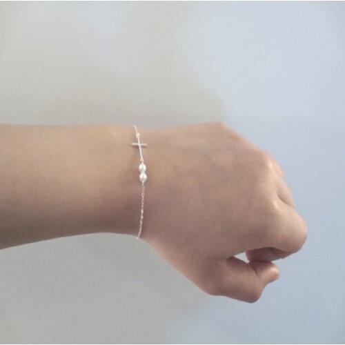 Boho Thin Style Fashion Chain Jesus Christian Bracelet Women Gold Simulated Pearl Charm Cross Bracelet Girls Jewelry