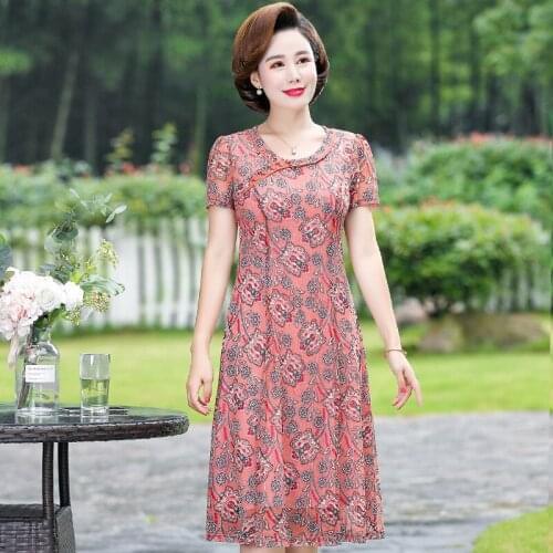 Women Summer Chiffon Dress 2021 New Short Sleeve Plus Size Floral Middle age Lady Slim Flowers Dresses