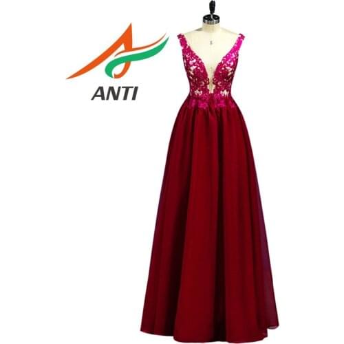 ANTI Burgundy Chiffon V-Neck Evening Dress Long 2019 Vestido De Festa Beading Appliques Robe de Soiree Formal Evening party