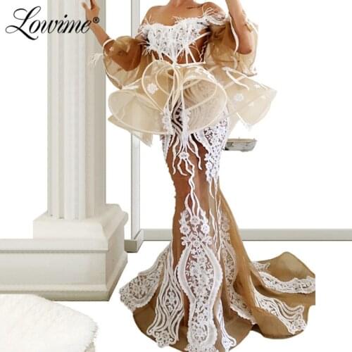 Mermaid See Through African Prom Dresses Feather Dresses Woman Party Night Applique Celebrity Evening Dress 2020 Dubai Kaftans