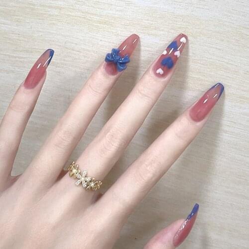 24pcs Love Heart Printed Nail Patch Glue Type Removable Long Paragraph Fashion Manicure Save Time False Nail Patch Nail Art