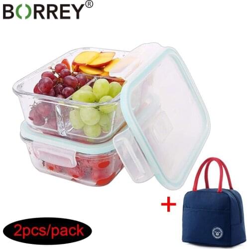 BORREY 1000Ml Microwave Glass Lunch Box With 3 Comparetments Food Storage Box Kitchen Containers Keep Food Fresh Storage Box