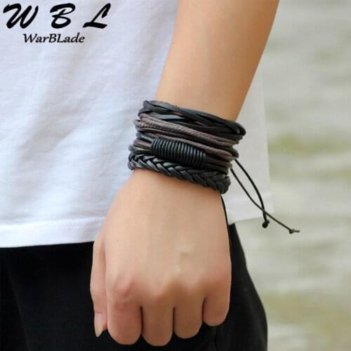 WarBLade Genuine Leather Bracelets Punk Multilayer Bracelet Bangle Male Wrap Wristband 4pcs/Set For Men Women Jewelry Vintage
