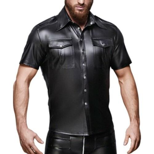 Men Faux Leather Police Uniform Shirt Collared Short Sleeve PU Top Wet Look