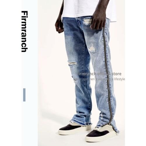 Firmranch New Men/Women Blue Jeans For Men 2021 High Street Side Zip Up Pencil Jeans Slim Boyfriend Vibe Denim Pants Moto Trouse